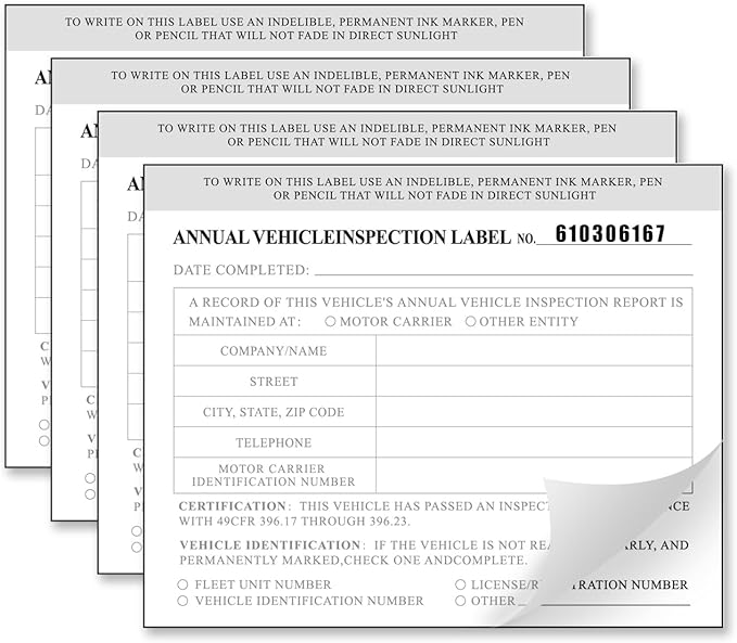 Annual Vehicle Inspection Report Form 25-pk 3-Ply Carbonless, 8.5" x 11.75" + 2-Ply Vinyl with Mylar Laminate Label 5" x 4"