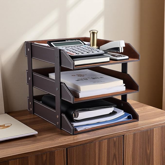 KINGFOM Letter Tray, Leather Paper Organizer Tray, Wooden Desk File Holder, Desktop File, Stackable Magazine Holder, Mail Sorter, Great for Home or Office - 3 Level Brown