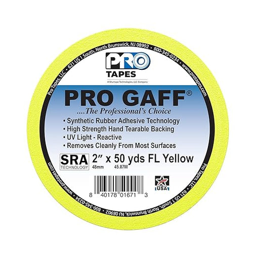 2" Width ProTapes Pro Gaff Premium Matte Cloth Gaffer's Tape With Rubber Adhesive, 50 yds Length x, Fluorescent Yellow (Pack of 1)