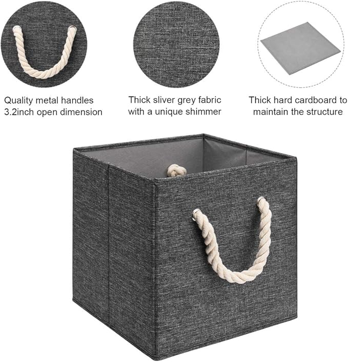 10.5 Inch Fabric Storage Boxes Bins and Cubes - Foldable Storage Basket with Grey Inserts, Package of 6