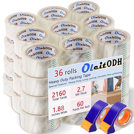 36 Rolls Clear Packaging Tape with Dispenser, 1.88" X 60 yd Shipping Tape Bulk, Total 2160 Yards, 2.7 mil, 3" Core, Heavy Duty Packing Tape Refills for Moving Boxes, Package, Mailing