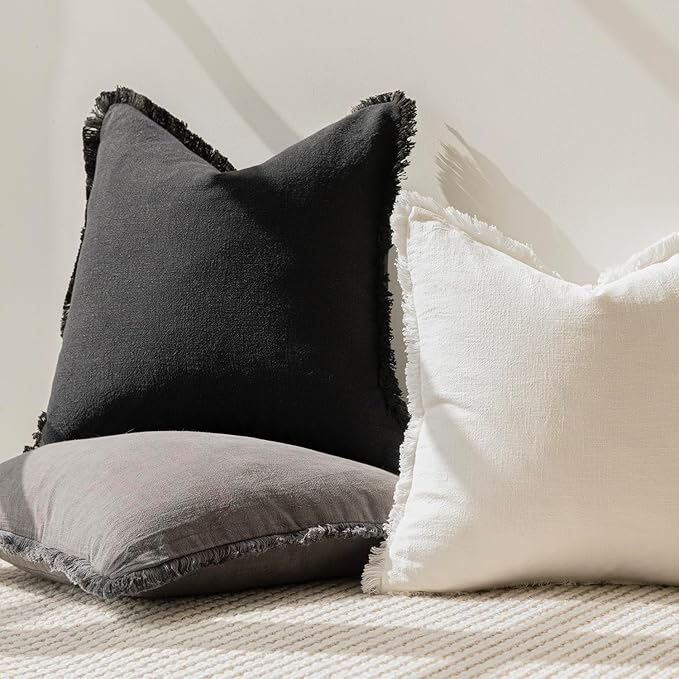 Foindtower Set of 2 Decorative Linen Fringe Throw Pillow Covers Cozy Boho Farmhouse Cushion Cover with Tassels Soft Accent Pillowcase for Couch Sofa Bed Living Room Home Decor, 16×16 Inch, Black