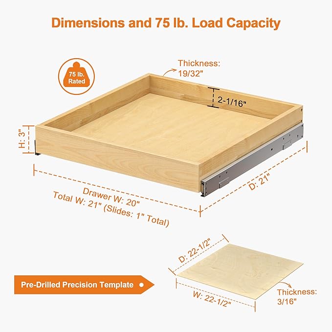 ALINE FURNITURE Pull Out Drawers for Cabinets Birch Wood, 21" W X 21" D Soft Close Slide Out Drawer for Kitchen Cabinets, Pull-out Shelves, Sliding Shelf for Pantry Cabinet Organizer