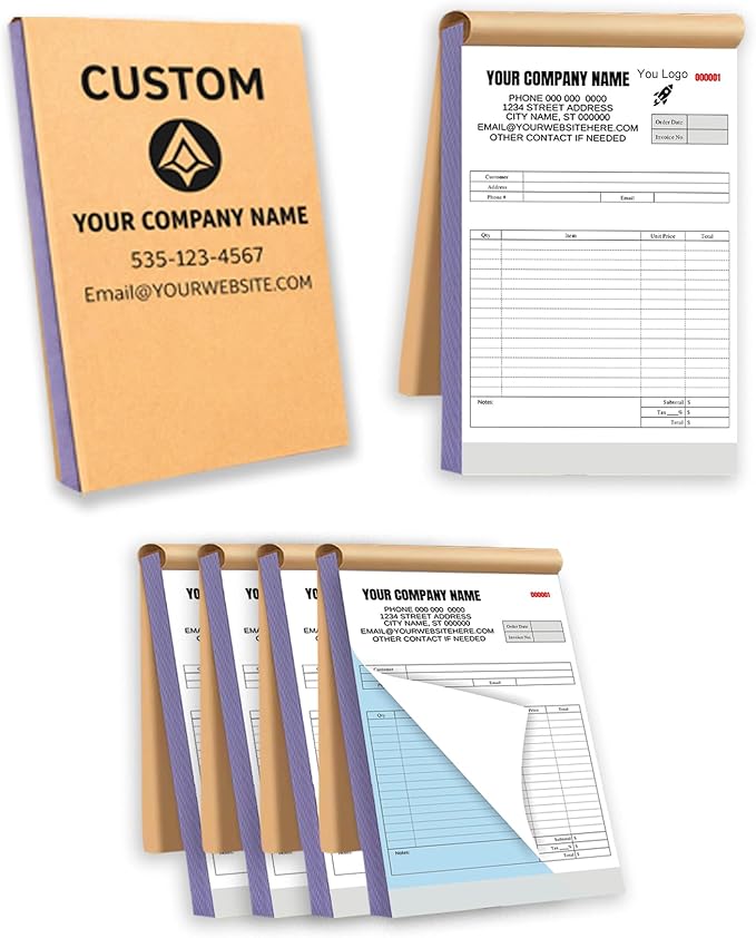 Custom Carbonless Invoice Book with Logo, Personalized Cover & Inner Pages, 2 Part NCR Receipt & Work Order Forms, Easy Tear, Writing Shield for Small Business (2-Part [White/Blue], 11.8x8.3INCH)