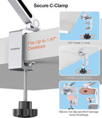 YICOSUN Tablet Arm Mount with Super Grip, Adjustable Foldable Holder & Heavy Duty Aluminum 360° Rotating Clamp for iPad, Phone, Monitor, Kindle - Universal for Desk, Bed, Kitchen - Silver