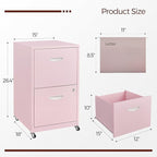 Kubohogar 2 Drawer Mobile File Cabinet with Lock, Pink Metal Filing Cabinets with Wheels, Vertical Rolling File Cabinet Fit Hanging Files, Letter and A4 Documents