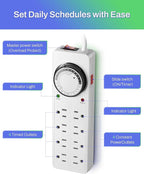 BN-LINK 8 Outlet Surge Protector with Mechanical Timer (4 Outlets Timed, 4 Outlets Always On) - White