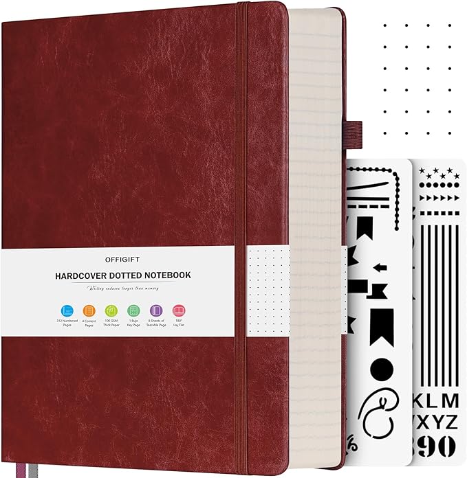 OFFIGIFT Dotted Journal Notebook, 312 Numbered Pages Large B5 Hardcover Leather Notebook, 100gsm No Bleed Paper Dot Grid Notebook with Index Pages, Dot Journal for Women Men, 7.6'' X 10'', Burgundy