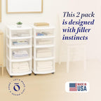 HOMZ 2-Pack Drawer Tower, 4-Tier Clear Plastic Storage Organizer Cart, White Frame - Organizing Containers with Wheels for Home, Bathroom, Bedroom, Office, and Classroom