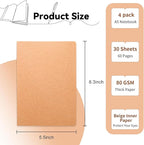 4 Pack Blank Kraft Notebooks, 8.3x5.5 Inches A5 Small Journals Bulk Blank Notebooks 80 Gsm Unlined with 60 Pages A5 Subject Notebooks Traveler Journal Set for Adult Students Back to School Supplies