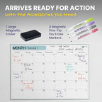 Monthly Magnetic Calendar for Refrigerator - 17x12” Stain-Resistant Dry Erase Fridge Calendar Whiteboard with Large Writing Space for Schedules, Chores & Meals - With 4 Markers & Eraser - Sunday Start