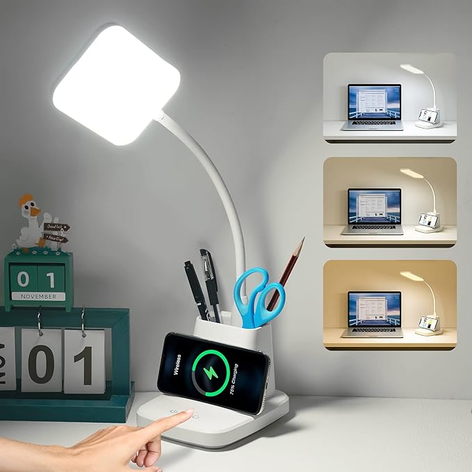 LED Desk Lamp with Wireless Charger, Sailstar White Desk Light with Pen Holder, 3 Color Modes with Stepless Dimming, CRI 85, 800 Lumen, Study Lamps for College Dorm Room, Home Office, Adapter Included