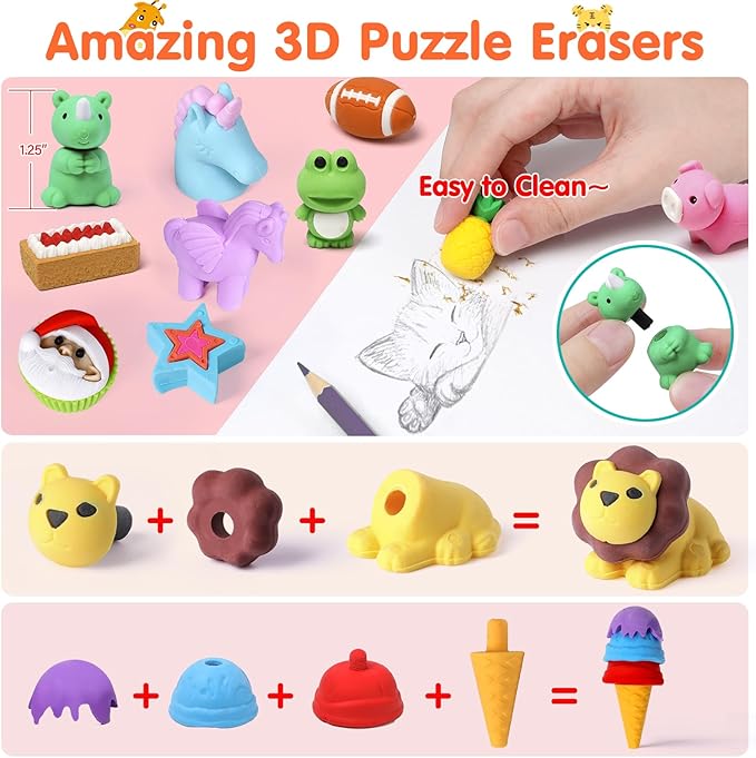 120 Pack Animal Pencil Erasers for Kids, 3D Mini Puzzle Take Apart Erasers, Desk Pets & Treasure Box Toys, Bulk Party Favors, Classroom Prizes, School Supplies, Gift for Boys & Girls