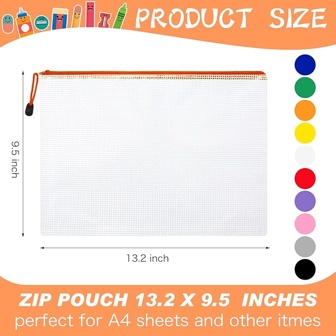 200 Pcs A4 Mesh Zipper Pouch Bulk Waterproof Mesh Zipper Organizer Plastic File Folder Case for School Office Supplies Document Board Games Puzzle(Multicolor)