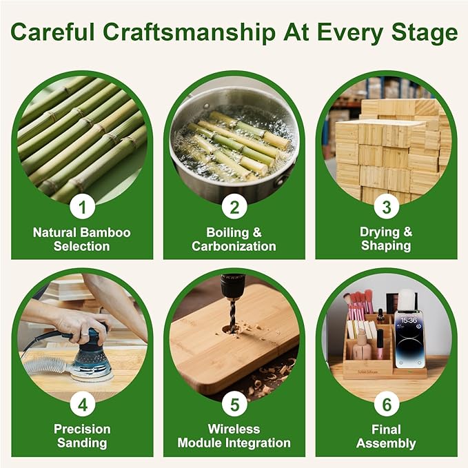 Bamboo Pen Holder for Desk & Nightstand Organizer with Fast Wireless Charging for iPhone, Samsung & More – Office Desk Accessories for Men/Women (Natural)