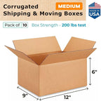 Medium Moving & Shipping Boxes 12x9x6 inches (10-Pack) - Extra Strength 200 lb vs Regular - Corrugated Packing Boxes for Moving Medium Volume - Strong Packaging Box - Carton Box by IDL Packaging