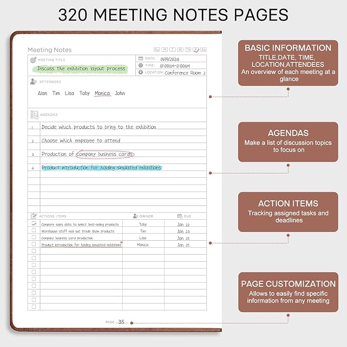 EMSHOI Meeting Notebook for Work with Action Items - 320 Pages B5 Thick Project Planner Agenda Organizer Work Notebook for Women Men Office Business, PU Leather Hardcover, 7.5" x 10", Green