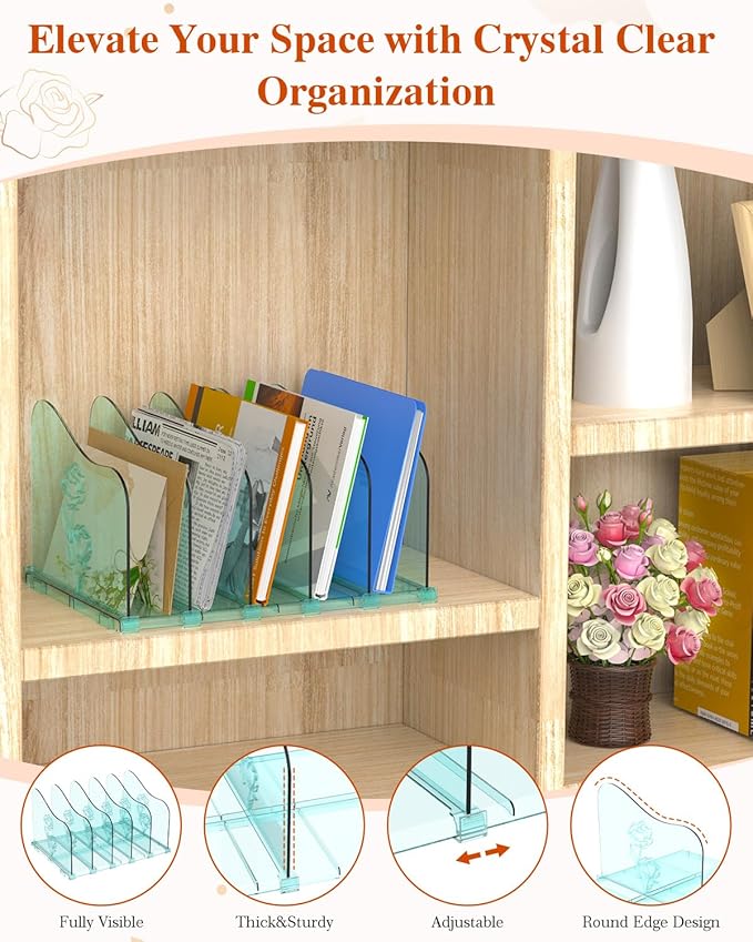 COWVTUJ Adjustable Rose File Organizer for Desk, Vertical File Folder Holders for Magazines, Upright Desktop Binder Organizer, Clear Paper Bookshelf Divider File Sorter for School Office Supplies