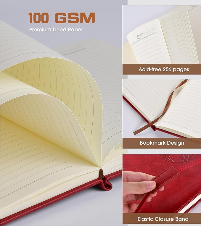 Biuwory Lined Journal Notebook for Women Men,256 Pages A4 Large Hardcover Leather Journals for Writing,Travel,Business,Work,School,College Ruled Notebooks for Note Taking, Diary Notepad 8.6"×11"