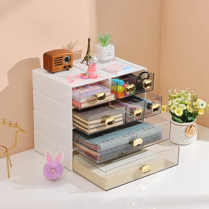 OSteed Spacious Desktop Storage Box, 1 Large 1 Middle & 2 Small Storage Drawers, Stackable Office Desk Drawer Organizer and Accessories, Printer Paper Organizer, White Plastic Drawers for Workspace