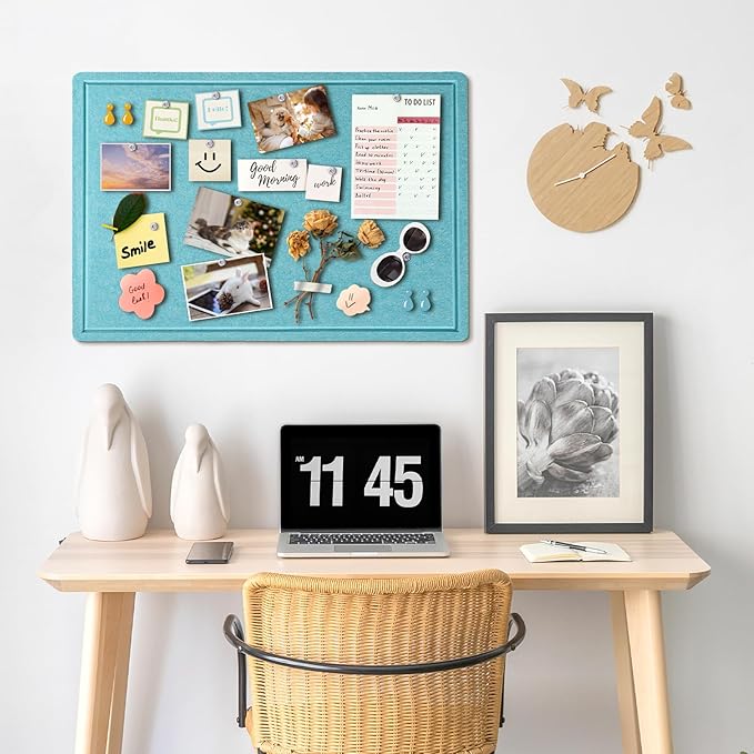 Bulletin Board, 36 x 24 inches Felt Board - Decorative Pin Board, Cork Board Alternative for Wall, 3' x 2' Foldable Picture Board Self-Adhesive Vision Board with 20 Pushpins - Turquoise Blue