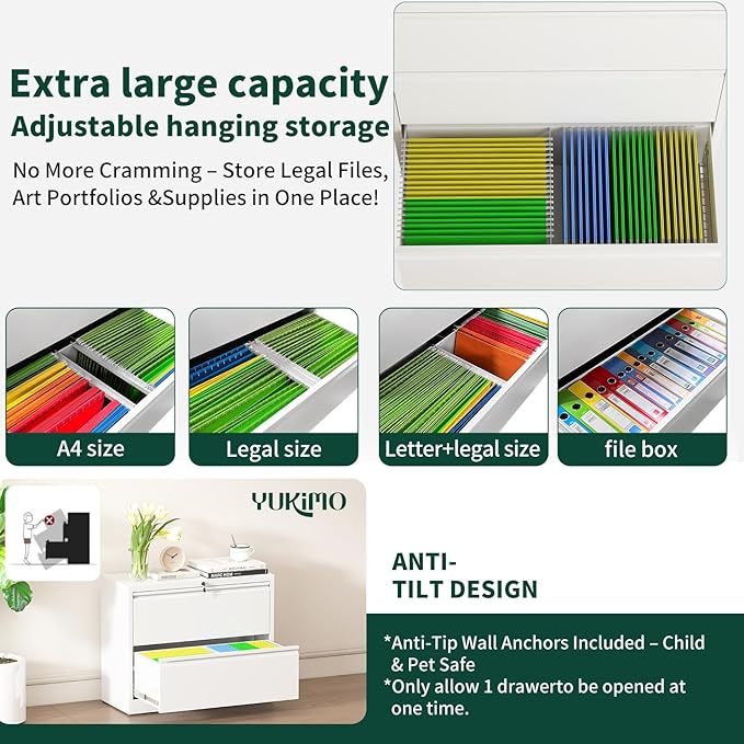 2 Drawer Lateral File Cabinet with Lock, Metal File Cabinets for Home Office, Office Furniture for Organization Hanging Legal/Letter/A4, Metal Filing Cabinet Storage Cabinet, Require Assembly, White