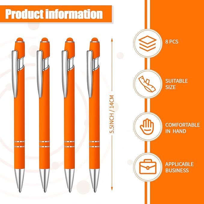 8 Pieces Ballpoint Pen with Stylus Tip Black Ink 2 in 1 Stylus Metal 1.0 mm Medium Point Smooth Pen Rainbow Colorful Rubberized Ballpoint for Touch Screen Tablet(Orange)
