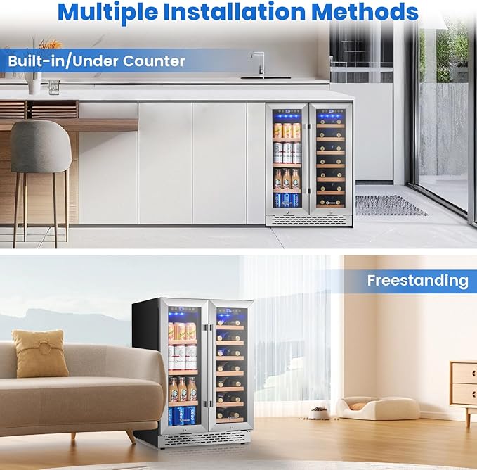 24 Inch Wine and Beverage Refrigerator Under Counter, Dual Zone 20 Bottles & 88 Cans Beverage Fridge with Stainless Steel Tempered Glass Door, Built-in/Freestanding Mini Fridge for Office/Bar/Kitchen