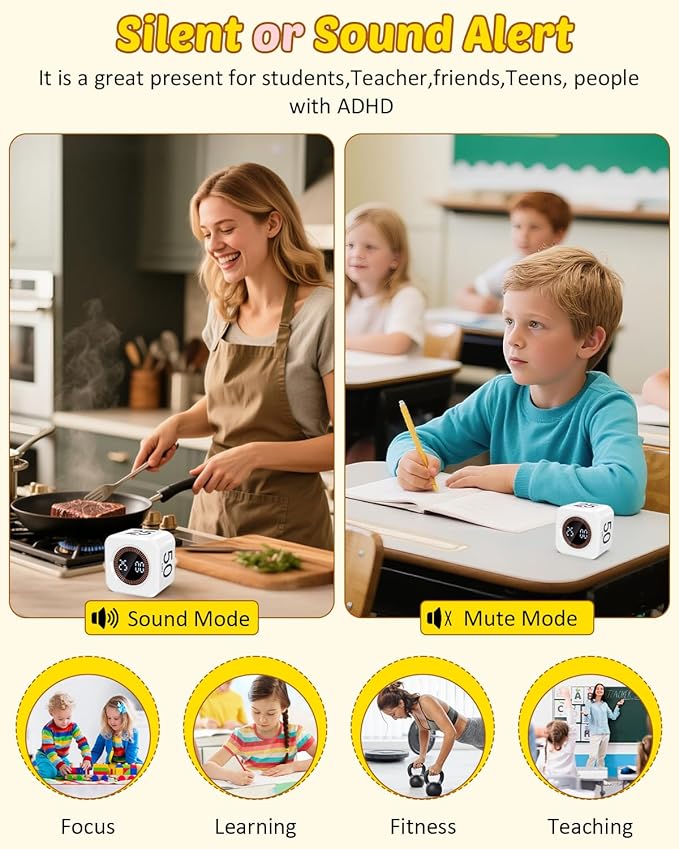 Digital Pomodoro Timer Cube 5/10/25/50min, Visual Productivity Flip Timer for Kids Classroom Desk, Custom Countdown, Silent and Sound Mode for ADHD Study Work Game Kitchen (White)