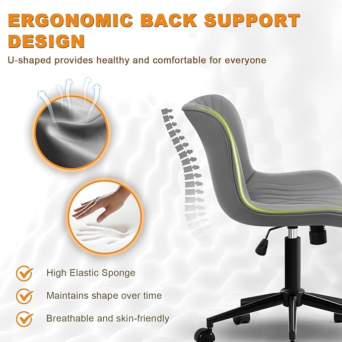 Office Chair, Armless Desk Chair with Wheels, Ergonomic Comfy Home Office Computer Task Chairs, Faux Leather Padded Cute Vanity Chair, Adjustable Height Swivel Chair with Back,Gray