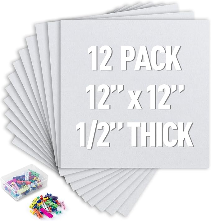 AKTOP White Cork Bulletin Board 12x12, 1/2" Thick Felt Cork Board Tiles 12 Pack, Small Square Pin Board for Wall, Self Adhesive Corkboards with 120 Push Pin Wood Clips for School, Home & Office