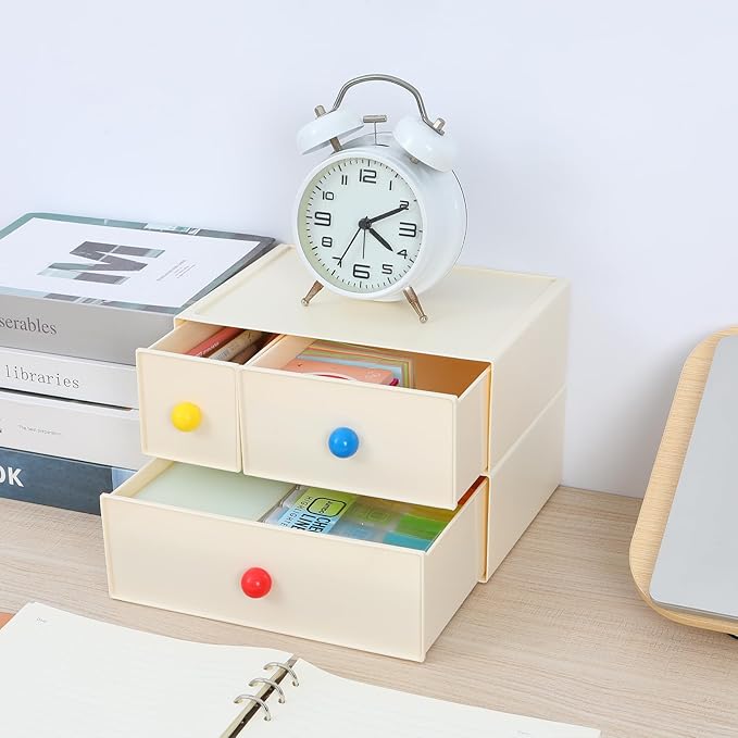 OSteed Desktop Drawers, Desk Organizer with 1 Large Drawer & Dopamine Handles, Stackable Plastic Storage Box for Home Collection, Cosmetics, Office Supplies (1 Tall Layer, Cream)