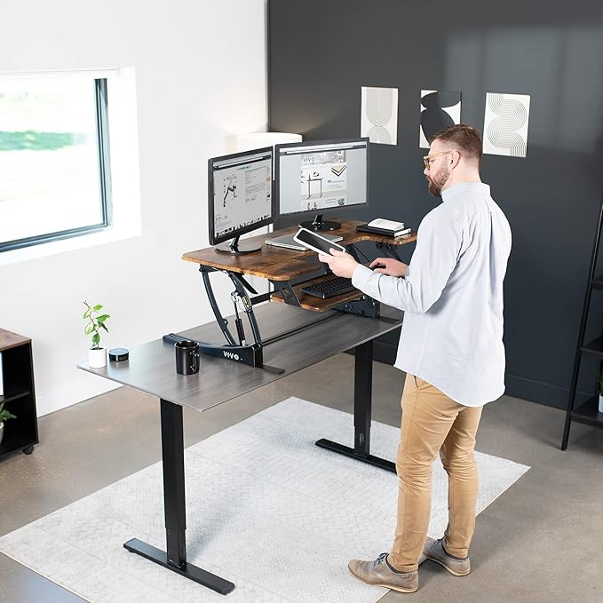 VIVO 42 inch Height Adjustable Stand Up Desk Converter, V Series, Quick Sit to Stand Tabletop Dual Monitor Riser Workstation, Rustic Vintage Brown Top, Black Frame, DESK-V000VLN