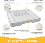 oridom Large Premium Bamboo Silverware Organizer - Expandable Drawer Organizer & Utensil Organizer - 17"x19.7" Cutlery Tray with Dividers for Kitchen Utensils and Flatware (7-9 Slots) (White)