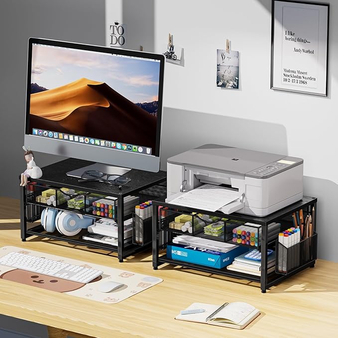 Marbrasse Wood Printer Stand for Desk, 2-Tier Desktop Printer Table for Home Office, Printer Stand with Storage Drawer 2 Pen Holders, Multi-Purpose Desk Organizer for Fax Machine Scanner (Wood Black)