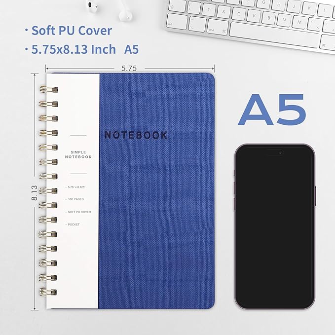Spiral Notebook-5.75" x 8.125" College Ruled Journal with Inner Pockets and 160 Pages,PU Leather Cover Business Journal, Twin-Wire Binding Notebook Perfect for Office & Home School Supplies 3 pack NavyBlue/Light Green/Violet