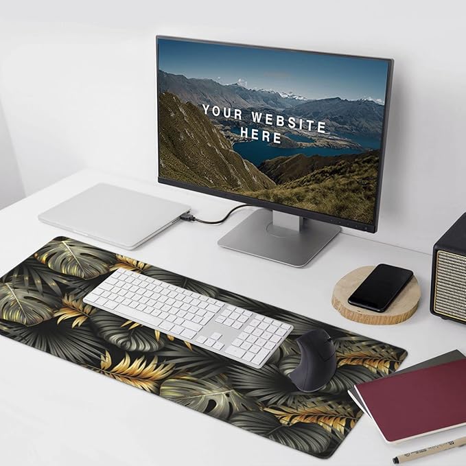 CANFLASHION Gaming Mouse Pad,Large Mouse Pads for Desk,Non-Slip Rubber Base Extended Mousepad,XXL Keyboard Mouse Mat,Stitched Edges Computer Keyboard Desk Pad,35.4x15.8inch,Black Gold Tropical Leaves