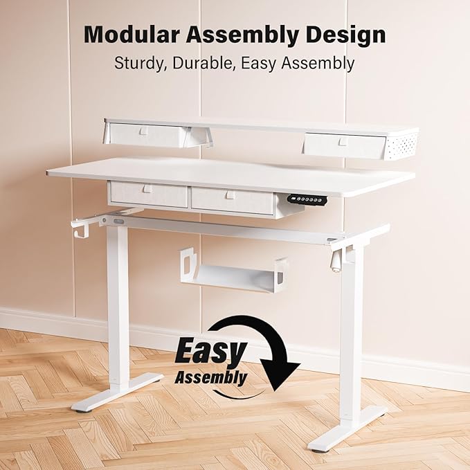 Kingant 55 x 24 Inch Electric Standing Desk with 4 Drawers, Height Adjustable Sit to Stand Computer Desk with Storage Shelf and C-Clamp Mount Compatibility for Home Office, White