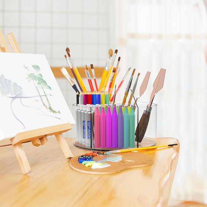 Absonic Acrylic Pen Holder Pencil Organizer, 360-Degree Rotating Pencil Holder, Crayon Organizers for Kids Marker Organizer Caddy Art Supply Kids Desk Organizers for Office Home School