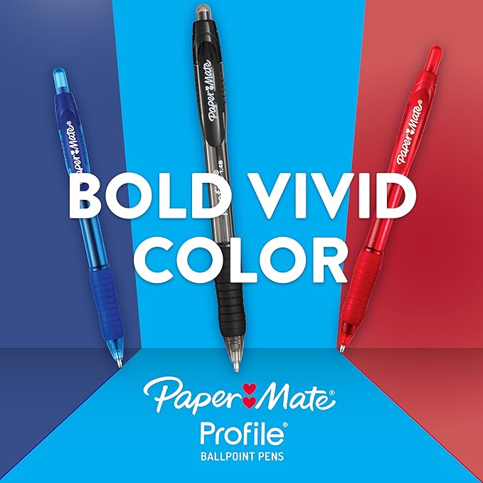 Paper Mate Profile Retractable Ballpoint Pens, Assorted Colors, Bold | 1.4mm Point | Soft Grip | Vivid Ink | 144 Count