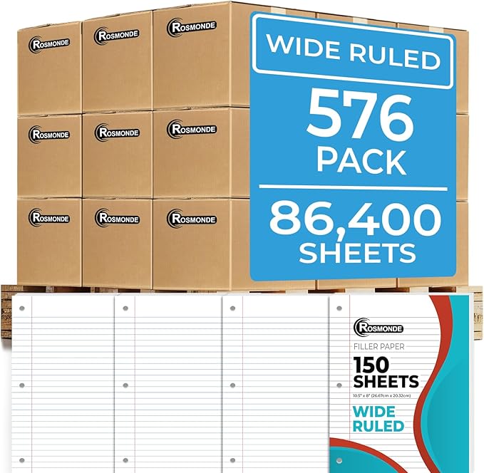 576 Pack (Pallet) Loose Leaf Paper Bulk, 86400 Sheets, Wide Ruled, Pallet of Filler Paper, 150 Sheets/Pack, 8 x 10.5", 3 Hole Punched, 56 Gsm Thick Sheets, School & Office, 4-7 Days Transit