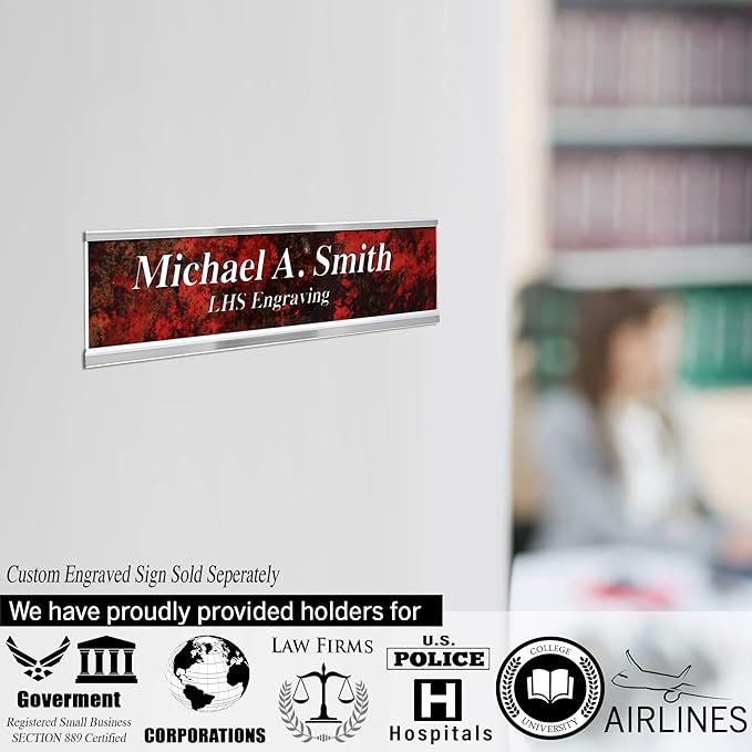 Custom Name Plate with Choice of Mounting for Walls, Doors, Cubicles, Hanging and More - Personalized Black Plastic Red Letters - USA Made 2x12 - B19