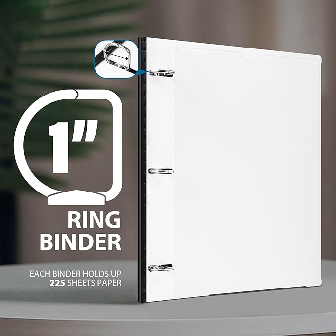 WOT I 1 Inch Telescoping 3 Ring Binder, Expandable Flexible Binder with Customizable Front Cover & Clear Catalog Pocket, Holds 225 Sheets, School Office Supplies, White
