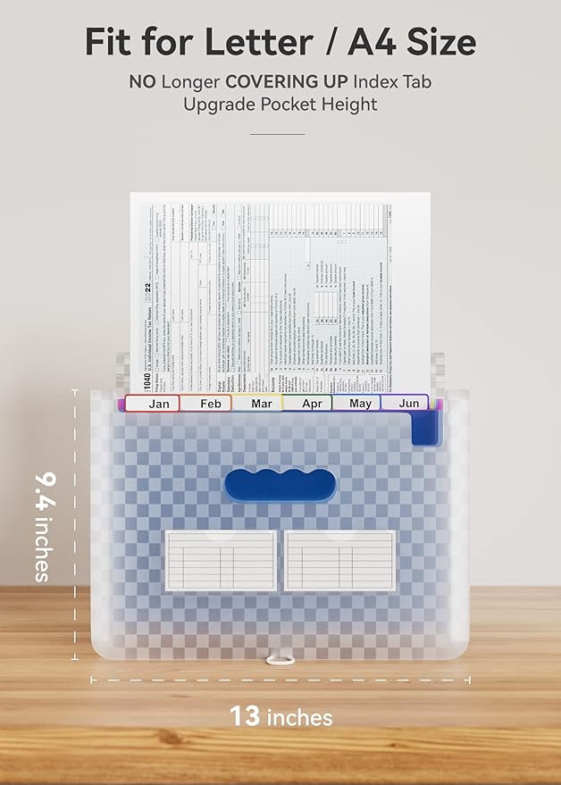 ABC life 12 Pockets Accordion File Organizer Expanding File Folders, Portable Monthly Bill Receipt Document Organizer, Expandable Accordian Filing Folder Letter A4 Size, Colored Tabs (Blue)