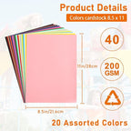 Guakicae 40 Sheets Colored Cardstock 8.5 x 11 Craft Paper, 20 Assorted Colors 75lb Thick Construction Paper Card Stock for DIY Making Cards, Wedding Invitations, School, Memus, Birthday Decorations