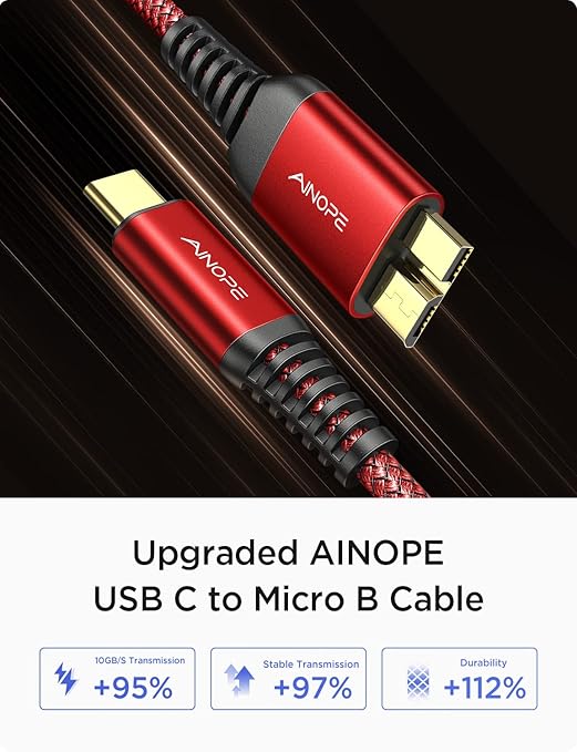 AINOPE 10Gbps Micro B to USB C Hard Drive Cable, [Nylon Braided] USB C to Micro B Cord, USB C to External Hard Drive Cable for Seagate WD Westgate, iPhone 16 Pro MacBook Air M2 Pro, 1.6FT, Red