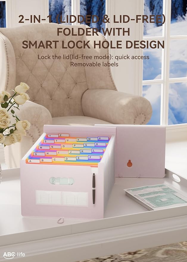 ABC life 26 Pockets Accordian File Organizer Expanding File Folders, Portable Letter A4 Size Filing Box,Plastic Monthly Receipt Document Organizer with Colored Tabs (Pinkish Purple)