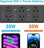 Recessed Power Strip with PD 30W Fast Charging, Conference Desk Flush Mount Outlets Plug in 6 Outlets & 8 USB Ports,3FT Cord Furniture Drawer Outlet Black
