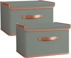 Tuza 2 Pack Storage Bins with Lids, Collapsible Closet Organizer Container, Fabric Organizer Box with Handles, Decorative Storage Boxes with Lids for Organizing Clothes, Blanket, Grey, Large