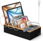 Pezin & Hulin Cable Management Box, Docking Station for Multi Devices, with 5 Ports Charge Adapter and 6 Cables, Wire Organizer for Cords, Box to Hide Cords and Storage Power Strip -Natural + Black